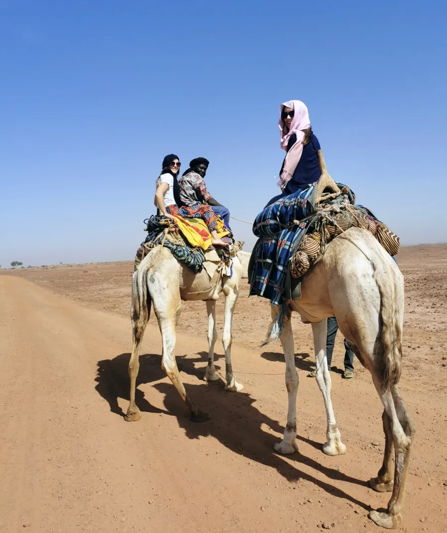 Travellers riding camels across the desert